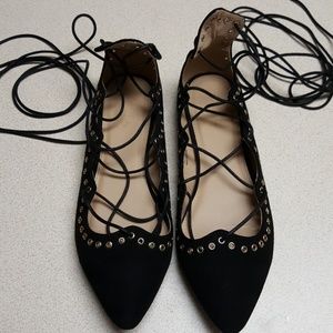 Black Suede full lace up gold grommet flats